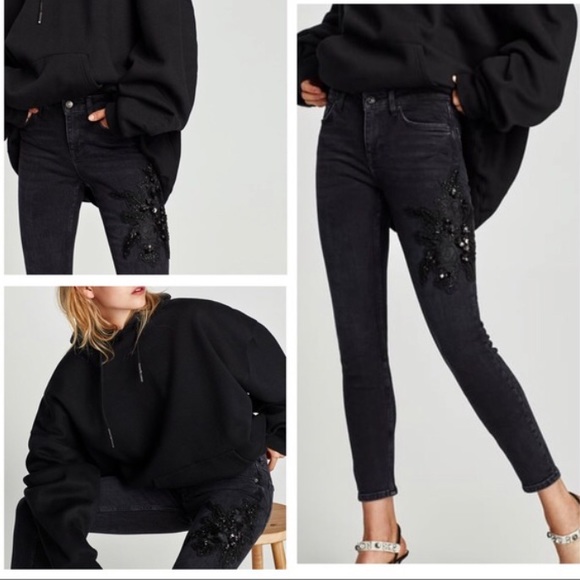 Zara Black Embellished High Waist Jeans - Picture 1 of 8